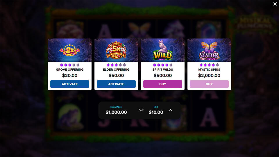 Bonus selection screen displaying Grove Offering, Elder Offering, Spirit Wilds, and Mystic Spins options for enhanced gameplay.